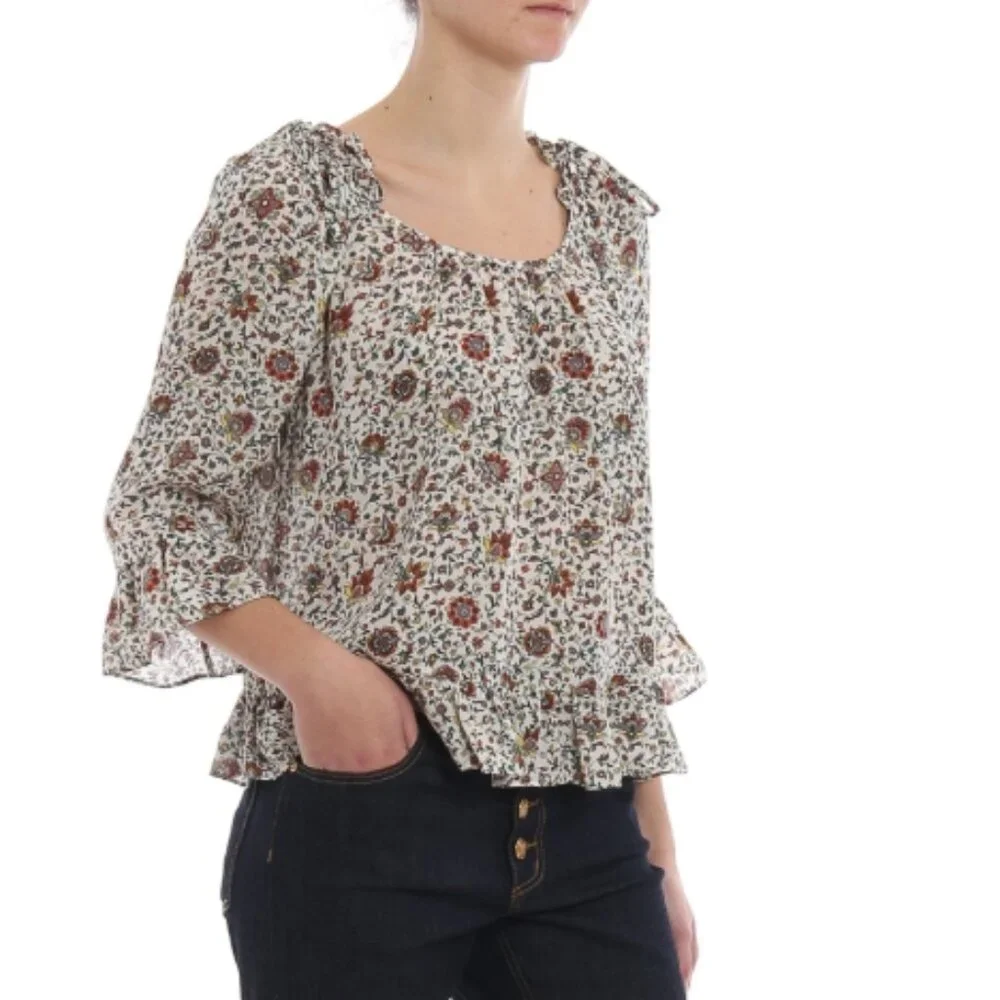 NWOT Tory Burch Ivory Soleil Floral Ruffle Silk Bohemian Top/Blouse XS $348